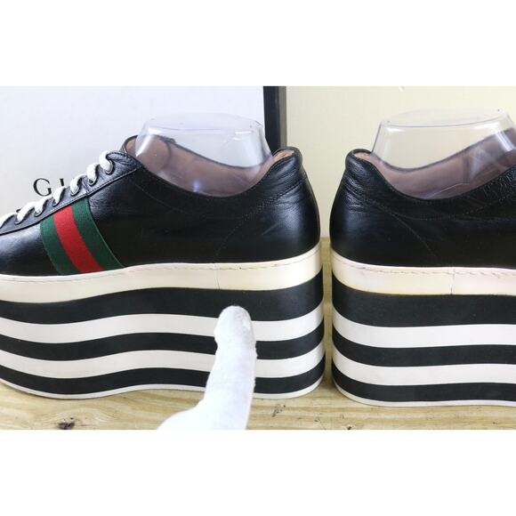 Gucci Sneakers Womens 10.5B Black Leather Peggy Platform Striped Shoes Italy - Picture 14 of 15